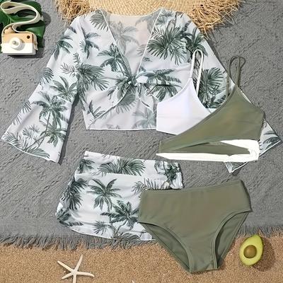 TEMU Trees Print 4 Piece Set Bikini, Layered Top & High Cut Panty & Long Sleeves Cover Up Shirt & Skirt Swimsuits, Women's Swimwear & Clothing Image