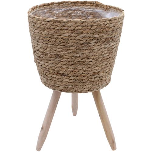 Blumenständer aus Stroh innen mit Folie - 35 x 23 cm - Rattan Pflanzenständer mit 3 Holz Beinen