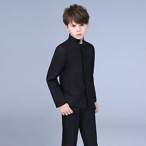 2 Stück Ring-Träger Anzug Jungen kinderkleidung Hosen-Set Formelles Set Party Verabredung Cool Ausgefallene Feste Farbe Schwarz Weiß Polyester Image