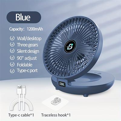 Foldable Desktop Fan – USB Rechargeable 1200mAh Table Fan with Wall Mount, Hook, and Adjustable Angle