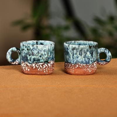 Blue Coffee Breeze,'Set of 2 Handmade Blue and Brown Ceramic Cups and Saucers'