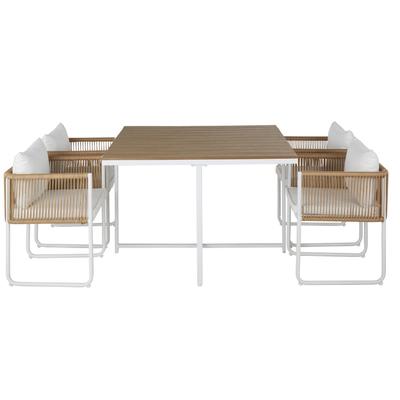 Set aus Gartentisch aus Verbundwerkstoff in Teak-Optik, 4 Personen, L110cm und 4 integrierten Stühlen in Rattan-Optik