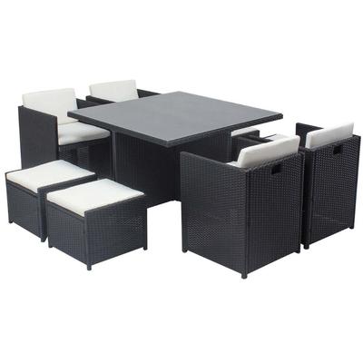 Tisch und 8 Stühle aus Harz, ineinanderschiebbar, schwarz/weiß