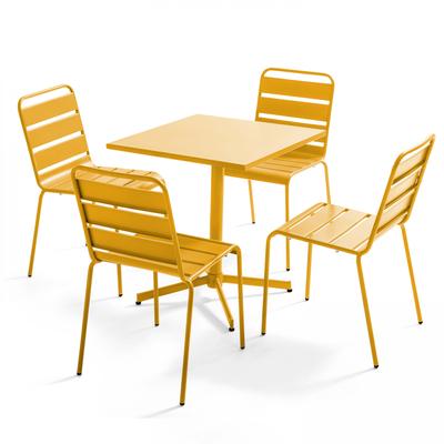 Set aus Gartentisch mit Tischplatte von 70 cm und 4 Metallstühlen GELB