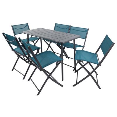 Gartenset 1 Tisch und 6 Stühle aus Metall, 110 cm, blau