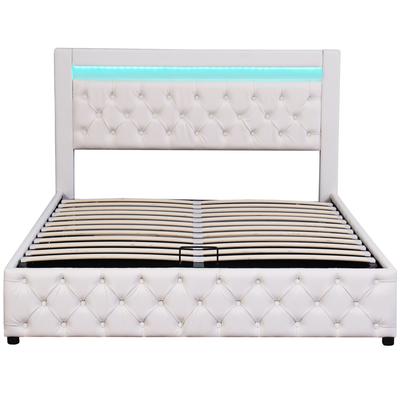Polsterbett mit Stauraum & LED-Licht, aus Kunstleder, 160x200cm, weiß