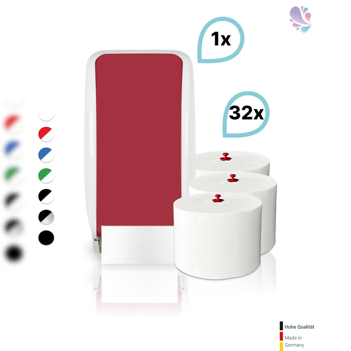 Blanc HYGIENIC SET: 1x Toilettenpapierspender Doppelrollen Blanc Cosmos + 32 Toilettenpapierrollen Long Life 3L - PRODUKTSET Image