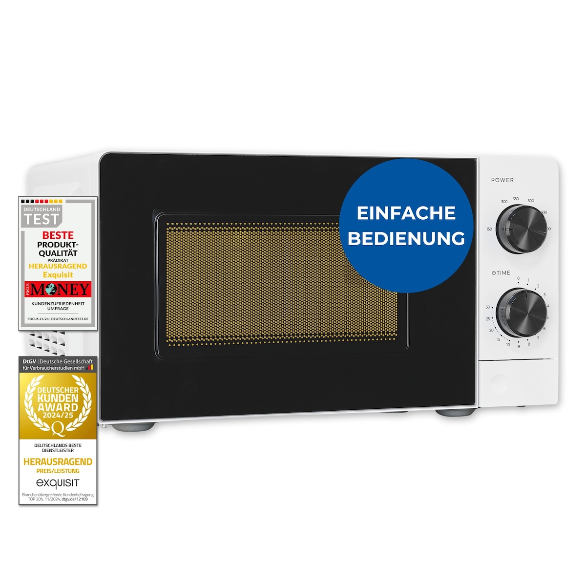 Exquisit Mikrowelle 20L, 700 Watt, 24,5cm Drehteller, 5 Leistungsstufen, Timer, Auftaufunktion, 2 Drehregler, MW850-070 weiss Image