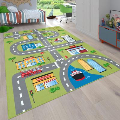 Paco Home - Teppich Kinderzimmer Kinderteppich Spielteppich Straßen Und Auto Motiv Grün Grau 200 cm