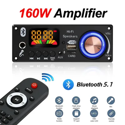 160W Amplifier Bluetooth 5.1 MP3 Decoder Board 2*80W Audio Player 12V DIY MP3 Player Car FM Radio Module TF USB Mic Record Call