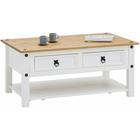Table basse CAMPO avec 2 tiroirs et 1 étagère, en pin massif blanc et brun