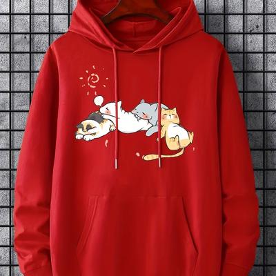 TEMU Cute Cartoon Cats Print Hoodie, Hoodies For Men, Men's Casual Graphic Design Pullover Hooded Sweatshirt With Kangaroo Pocket For Winter Autumn, As Gifts