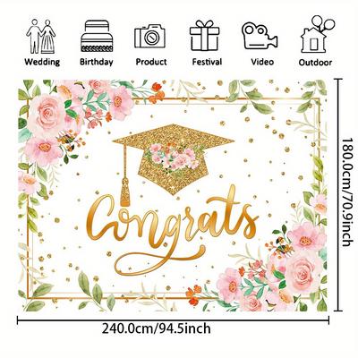 TEMU 1pc, Congratulations Graduation Photography Backdrop, Vinyl Golden Bachelor Hat Rose Flower Photo 2024 Class Of High School College Graduate Prom Party Banner Photo Studio Booth Props