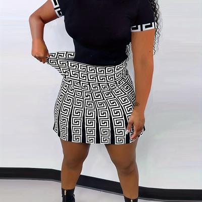 TEMU Geo Print Slim Two-piece Skirt Set, Trim T--shirt & Pleated Skirt Outfits, Women's Clothing Image