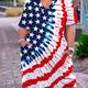 Plus Size Independence Day Casual Dress, Women's Plus Colorblock Star & Stripe Print Short Sleeve V Neck Pocketed Dress