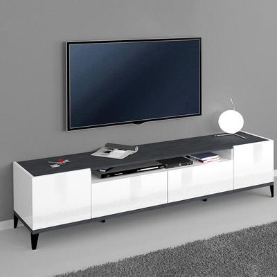 TV-Bank 200x40 cm 2 Fächer 2 Schubladen weiß anthazit Hochglanz Young