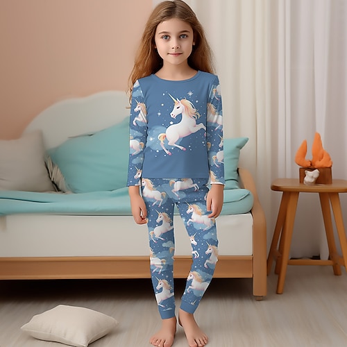 Mädchen 3D Einhorn Pyjama-Sets Rosa Langarm 3D-Druck Herbst Winter Aktiv Modisch Kuschelig kinderkleidung 3-12 Jahre Rundhalsausschnitt Heim Normal Innen Regular Fit Image