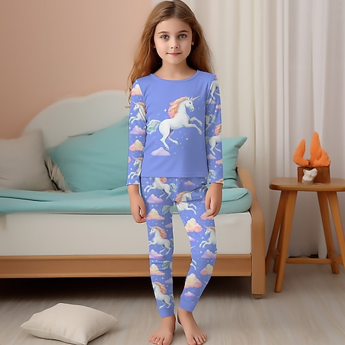 Mädchen 3D Einhorn Pyjama-Sets Rosa Langarm 3D-Druck Herbst Winter Aktiv Modisch Kuschelig kinderkleidung 3-12 Jahre Rundhalsausschnitt Heim Normal Innen Regular Fit Image