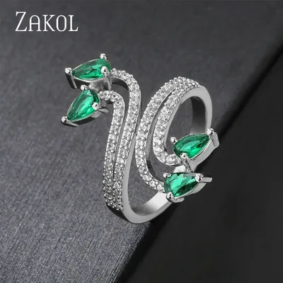 ZAKOL Luxury Green Marquise Zircon Snake Shape Cuff Rings For Women Shiny Micropaved Zirconia Banquet Party Jewelry