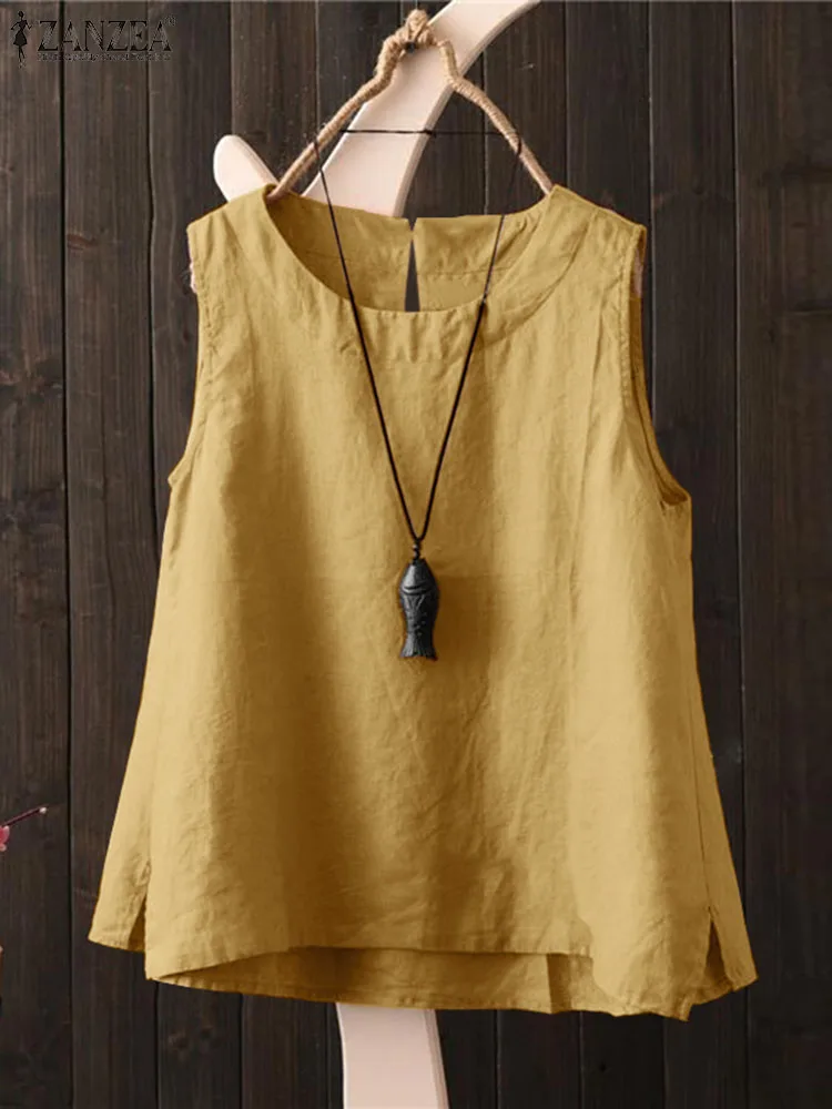 ZANZEA Frauen 2025, Sommer-Tanktops, Urlaub, ärmellos, Baumwolle, Leinen, lässig, locker, Strand-T-Shirts, übergroße einfarbige Bluse, Camis Image