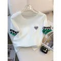 Maglione pullover a costine con motivo a cuore nuovo estivo Maglione casual a contrasto con girocollo a maniche corte Abbigliamento da donna Top corto
