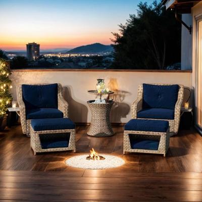 5-Pieces Outdoor Patio Sofa Set with Pet House and Ottomans, Blue