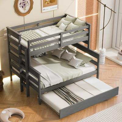 Grey Twin over Full Solid Pine Wood Bunk Bed with Twin Size Trundle, Convertible to 2 Beds