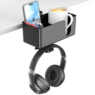 4 in 1 Desk Headphone Hanger Clamp on Under Desk Cup Holder Rotating Headphone Holder Detachable Pen
