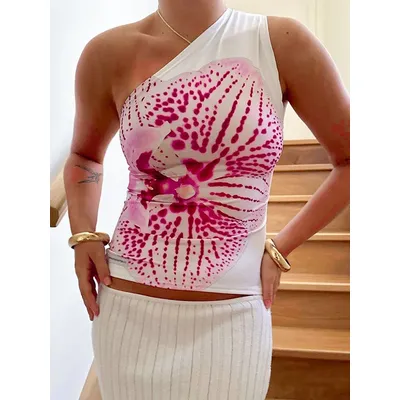One Shoulder Sexy Floral Print Party Club Crop Top Outfits Women Summer Y2K Streetwear Sleeveless