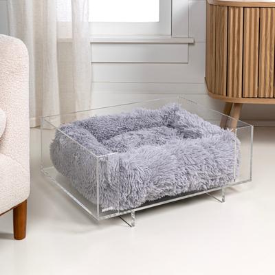 Carole 24" x 18" Small/Medium Modern Lucite Calming Fluffy Pet Bed with Washable Cushion, Light Gray/Clear