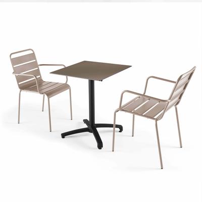 Tisch 60x60 cm neigbar taupe und 2 Sessel aus Metall taupe