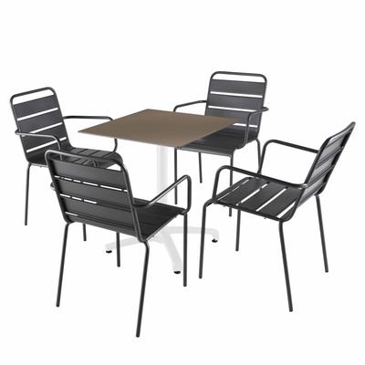 Tisch 70x70 cm neigbar taupe und 4 graue Metallstühle