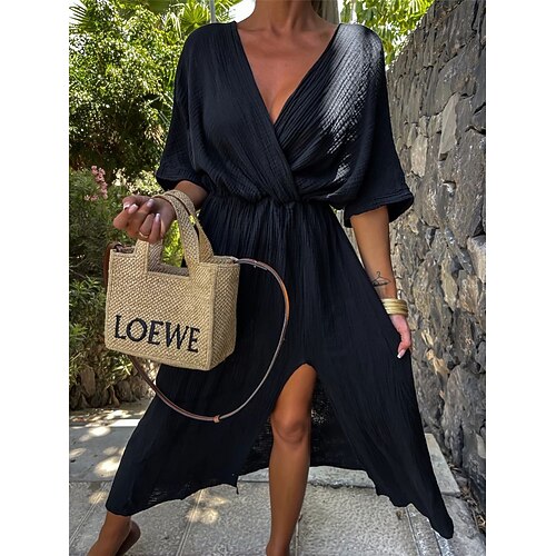 Damen Midikleid Kunstbaumwollleinen Kaftan Kleid Basic Lässig Täglich Urlaub Lässiger Schnitt Einfach Langarm V Ausschnitt Schwarz Weiß Aprikose Sommer Frühling Image