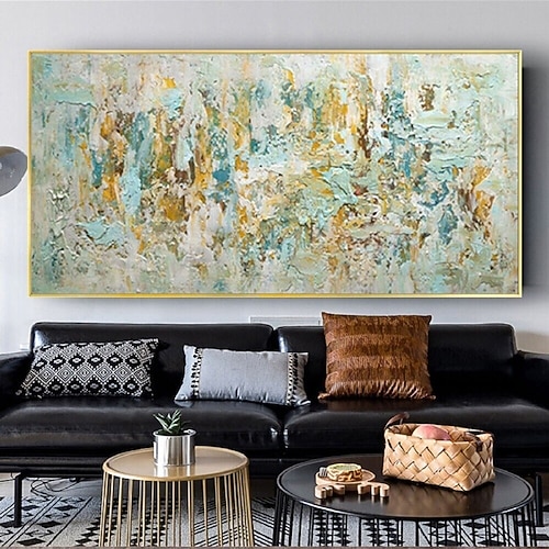 Ölgemälde handgefertigt Jackson Pollock blau gelbes Kunstgemälde, handgemalt auf Leinwand, Expressionismus-Gemälde, großes abstraktes Ölgemälde, handgemachte Wandkunst für die Heimdekoration Image