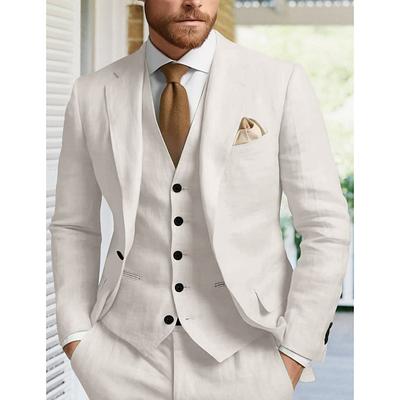 Men's Wedding Linen Suits Beige Solid Colored Tailored Fit 3 Piece Single Breasted One-button