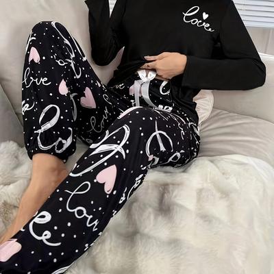 TEMU Women's Casual Alphabet Print Long Sleeve Pajama Set, Polyester 95% Elastane 5% Knit Fabric, Crew Neck With Braid Detail, Spring/fall Sleepwear