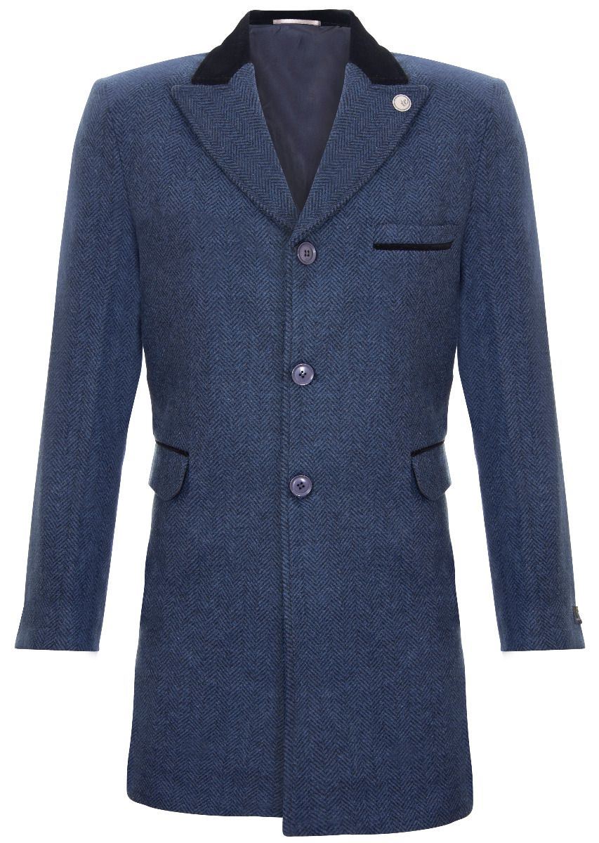 Herren 3/4 lange Marine Crombie Mantel Jacke Fischgräten-Tweed-Mantel Peaky Blinder