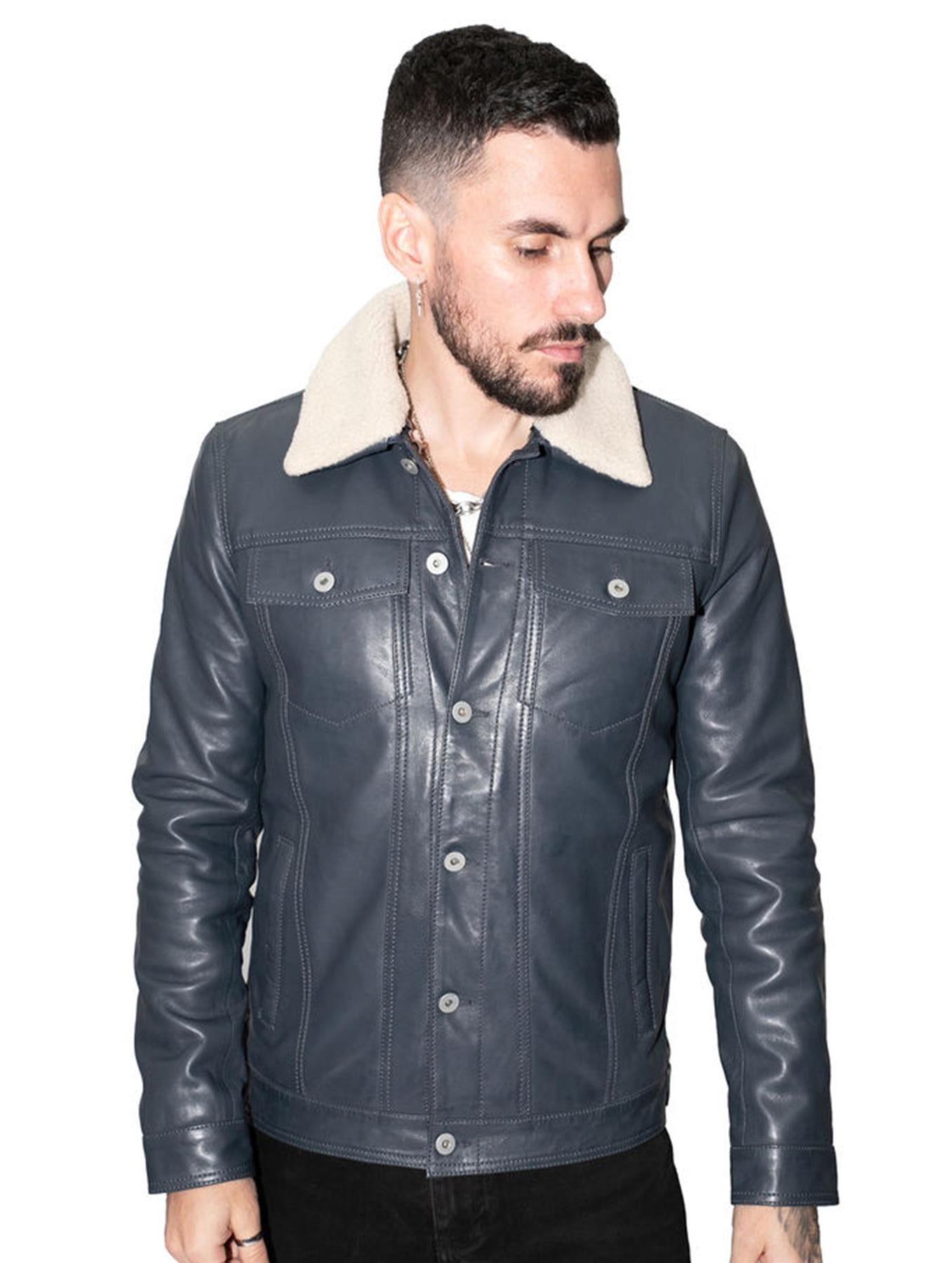 Herren-Truckerjacke aus Leder mit abnehmbarem Kragen-Zagreb Image