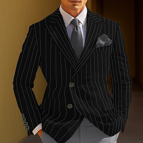 Herren Abschlußfeier Blazer Geschäft Cocktailparty Hochzeitsfeier Mode Lässig Frühling Herbst Polyester Streifen Tasche Knöpfe Bequem Einreihig Blazer Schwarz Weiß Gelb Blau Image