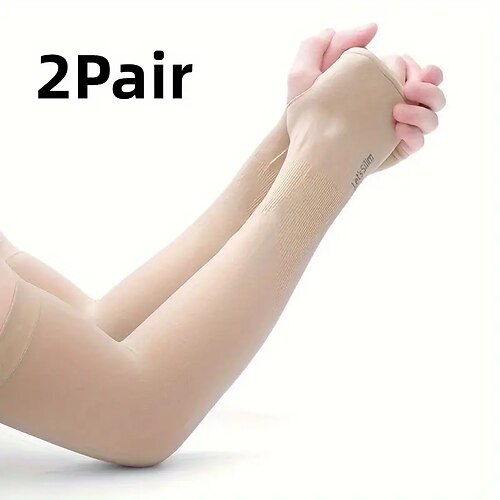 2 Paar lange, einfarbige Sonnenärmel, dünne, hochelastische, kühlende Armstulpen, Sommersportärmel zum Laufen, Angeln, Reiten Image
