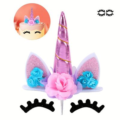 TEMU 3pcs/set Unicorn Cake Topper With Eyelashes, Birthday Party Supplies Unicorn Cake Decoration Pink Unicorn Horn Cake Topper Unicorn Birthday Decorations For Birthday Cake Topper With Base