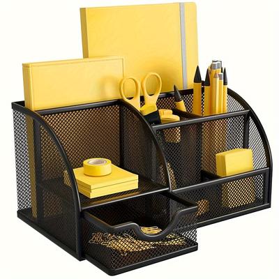 TEMU 1pc Minimalist Mesh Iron Desk Organizer With Drawers - Large Capacity Pen Holder, Makeup Brush Storage And Office Supplies Organizer For Home, Office, And Study