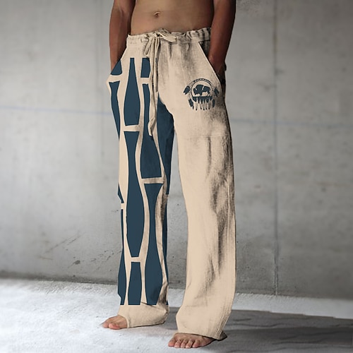 Herren Grafik Farbblock Cowboy Leinenhosen Hosen Hose Baggy-Hosen Mittlere Taille Vintage Lässig Urlaub Alltagskleidung Ausgehen Frühling Herbst Weiß Grün Kaki Image
