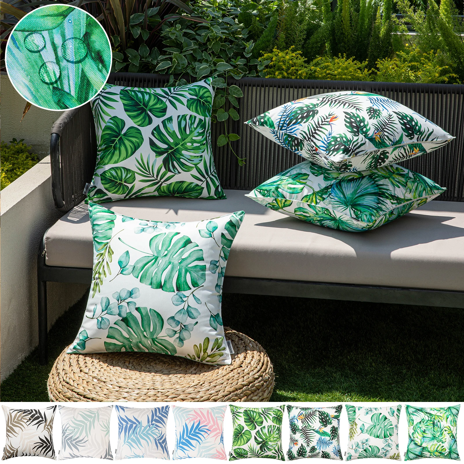 Wasserdichter Kissenbezug für Terrasse, quadratisch, tropisches Blatt, Gartenkissenbezüge, Überwurf, Taille, Zelt, Balkon, Couch, Sofa, Kissenbezug
