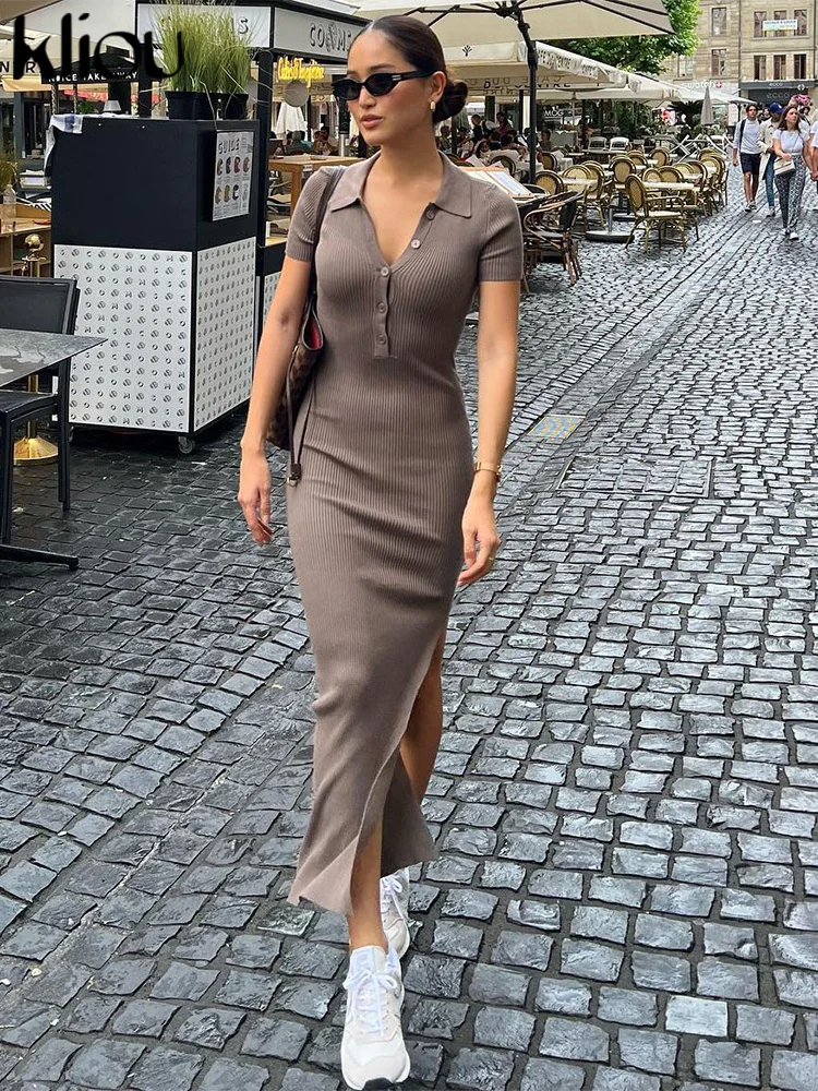 Kliou Elegante Büro Dame Maxi Kleid Frauen Solide Mode drehen-unten Kragen Kurzarm Taste Seite Schlitz Körper-gestaltung Straße Robe Image