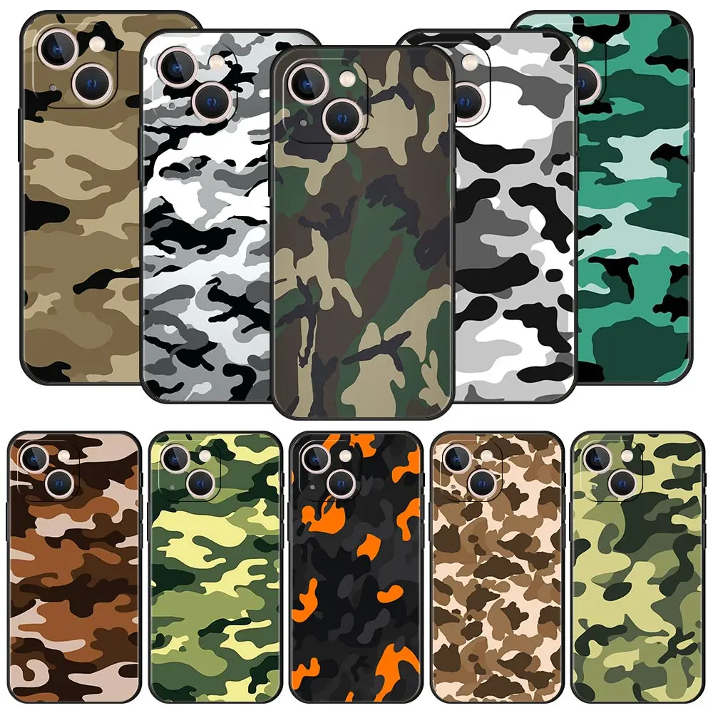 Camouflage Camo Militär Armee Luxus Handyhülle für iPhone 13 15 14 12 Mini 11 Pro MAX XR X SE XS 7 8 Plus Silikon Schwarz Cover Image