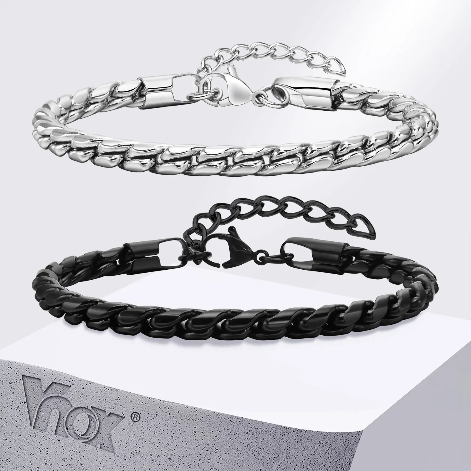 Vnox Punk Männer Schlange Glieder kette Armbänder, schwarz Silber Farbe verdreht Edelstahl glänzende Kette Armband, Komfort tragen Schmuck
