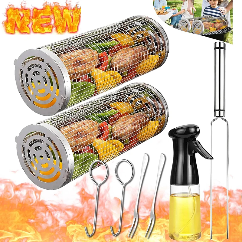 BBQ Korb Edelstahl Roll Grillen Korb Draht Mesh Zylinder Grill Korb Tragbare Runde Outdoor Camping Grill Rack