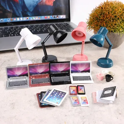 1:12 Dollhouse Miniature Laptop Phone Tablet Desk Lamp Pencil Book Cup Desk Set Model Home Decor Toy