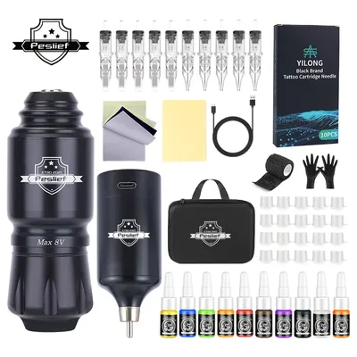 Rotary Wireless Tattoo Machine Kit Complete Tattoo Set with 10PCS Cartridge Needle Permanent Makeup